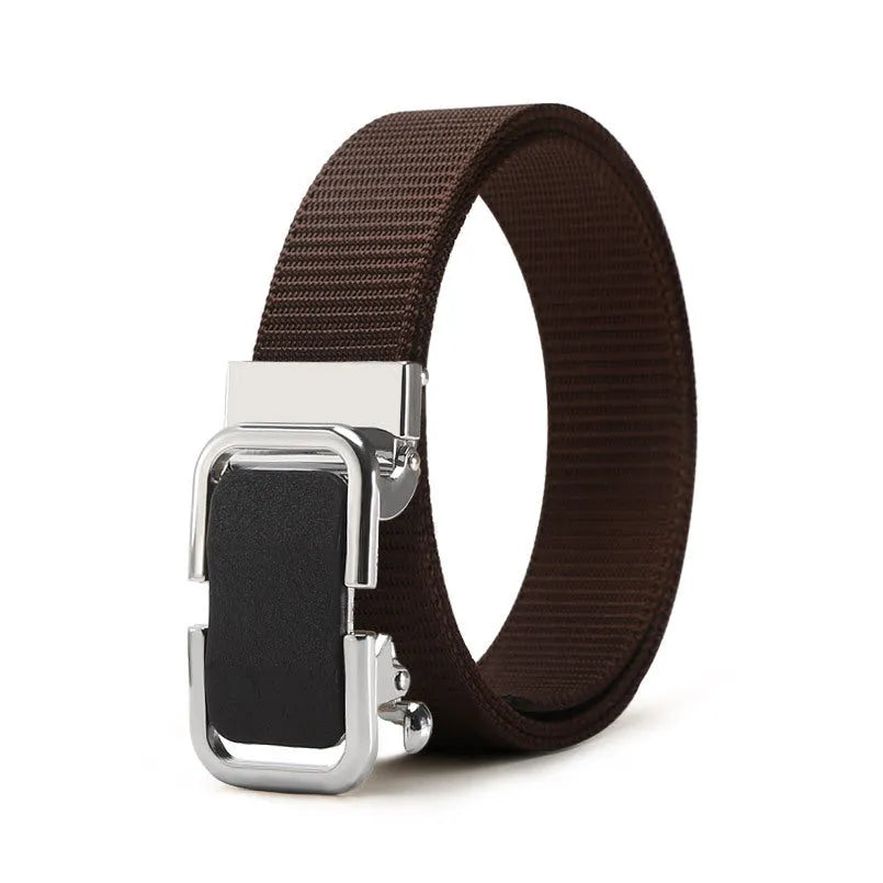 Men's toothless nylon canvas belt with alloy buckle showing adjustment mechanism
