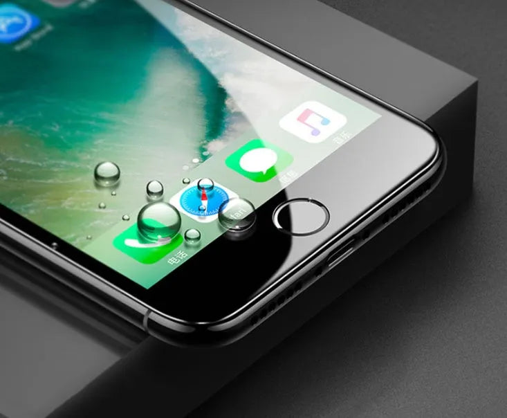 Black and white tempered glass screen protector for iPhone models showing soft edge HD and 3D carbon fibre design