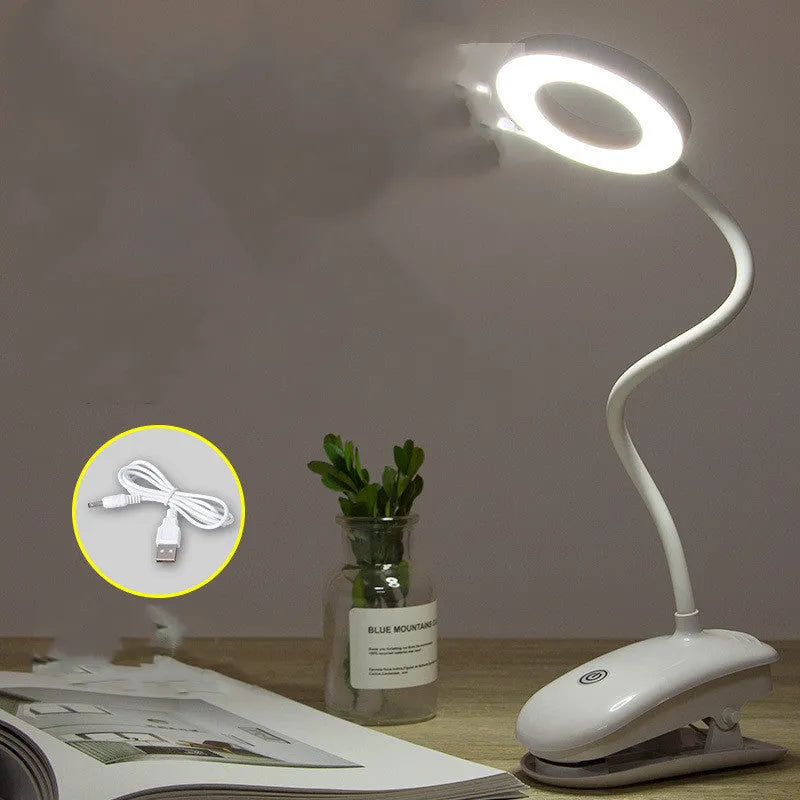 Modern clip-on rechargeable desk lamp with touch switch and plastic shade in multiple colour temperature options