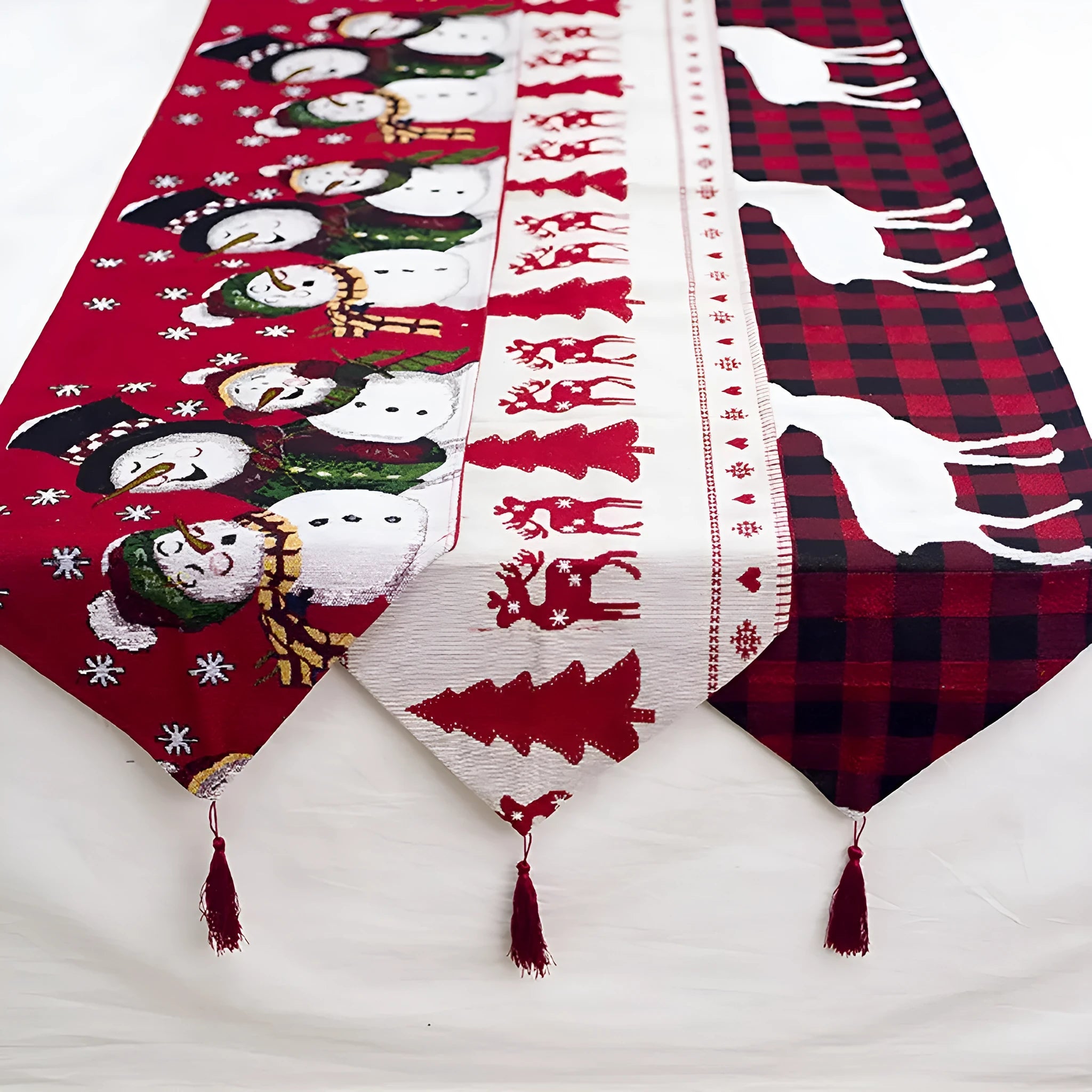 Christmas table runner with elk and snowman design on cotton linen fabric