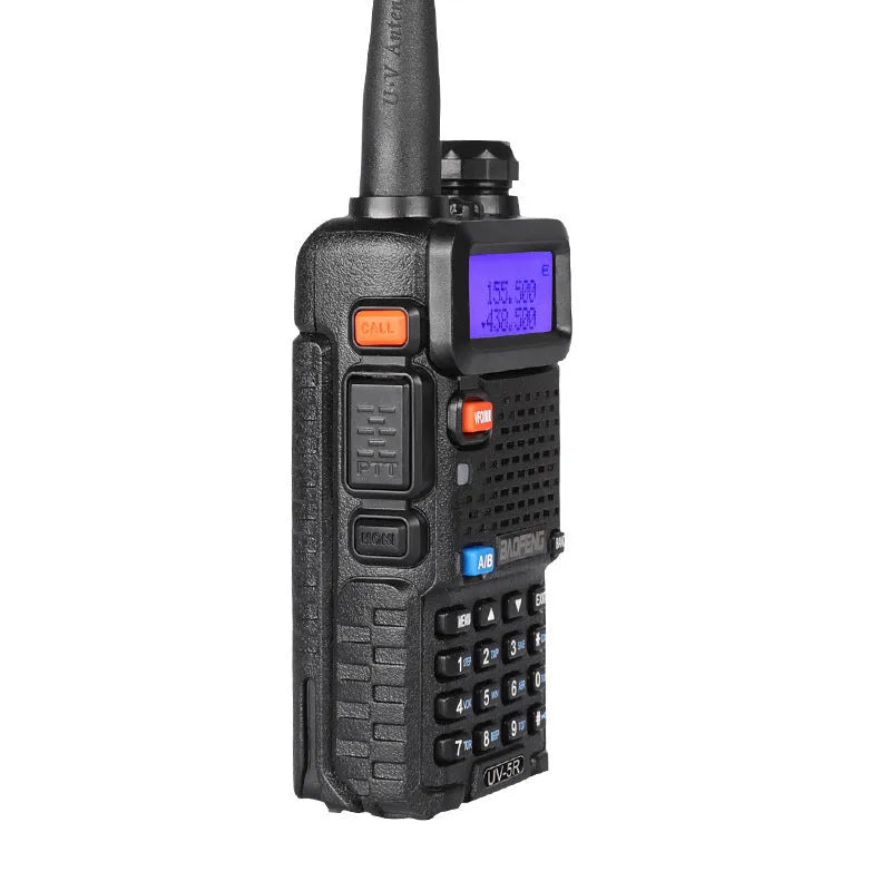 A compact black handheld walkie talkie with an antenna, showing its numeric keypad and display screen.