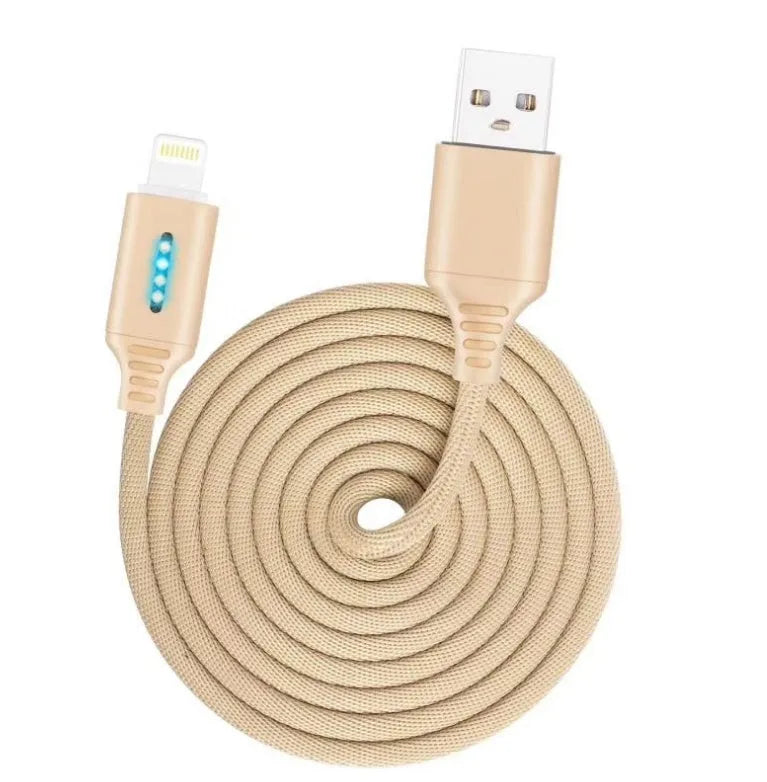 Fabric braided USB charging cable, 1 metre long, with connectors for phone and USB port.