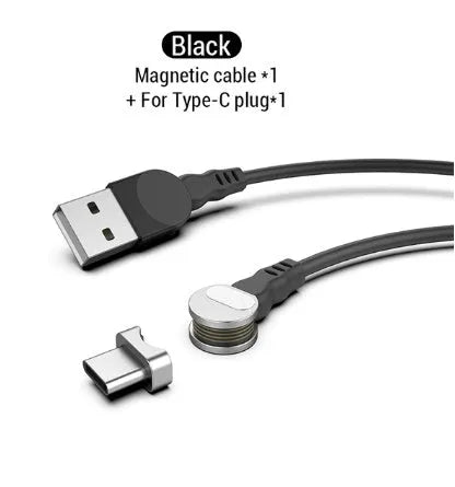 Rotating magnetic three-in-one charging cable with blind magnetic connector in 1m length, black colour, with interchangeable Apple, Type-C, and Android heads