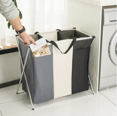 Foldable three-compartment laundry basket in Oxford cloth with aluminium alloy frame, 68 x 38 x 60cm