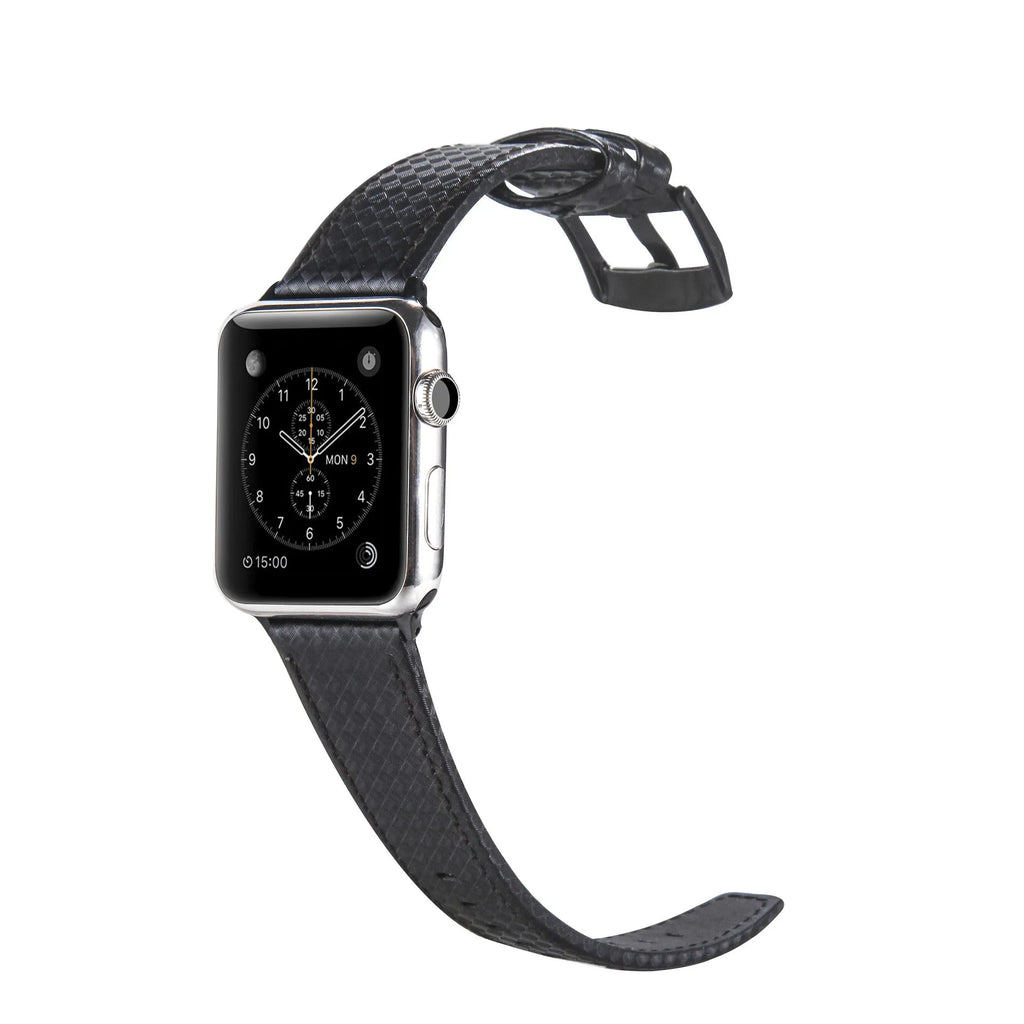 Carbon fibre pattern PC hard shell watch case with leather band in multiple colour options for iPhone compatible watches