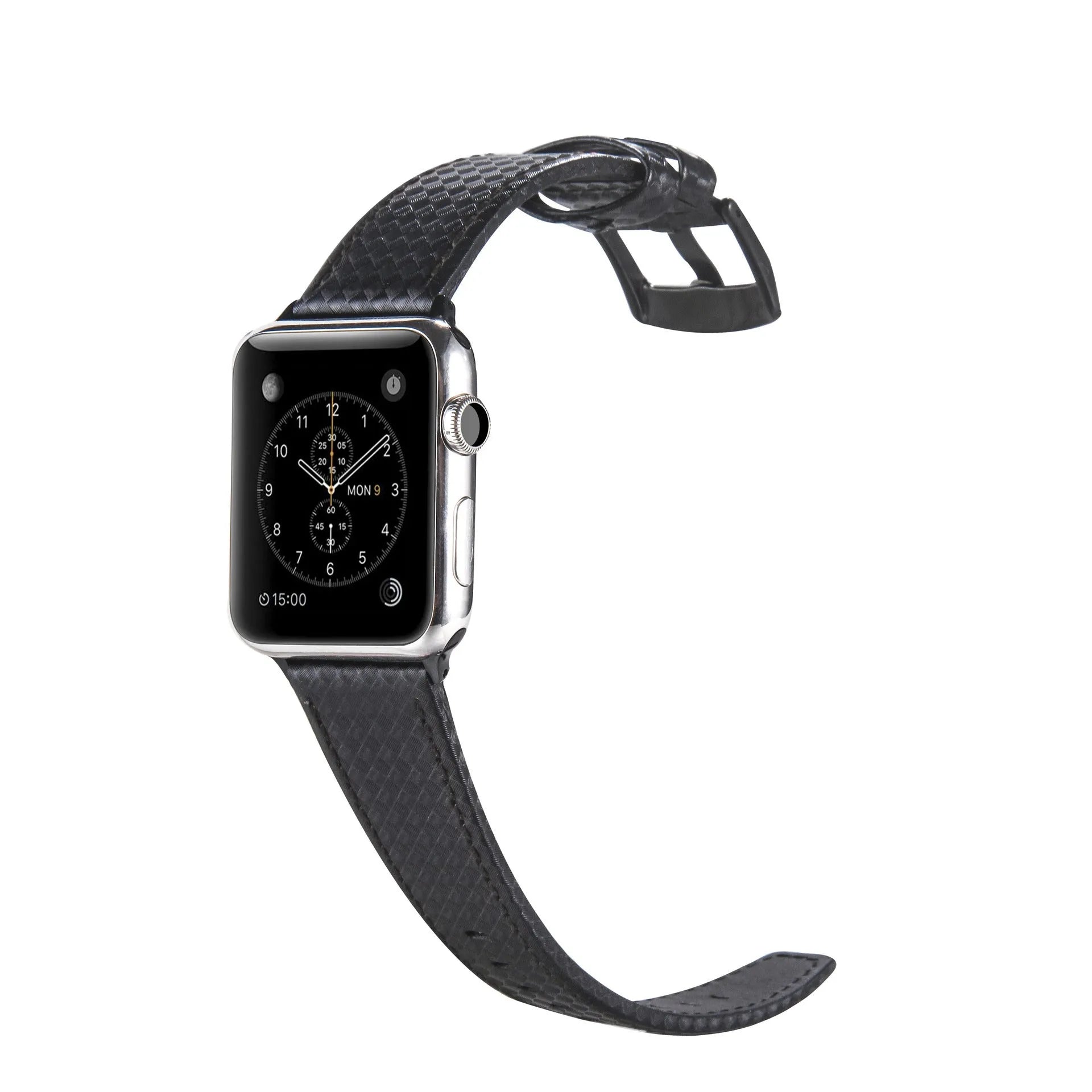 Carbon fibre pattern PC hard shell watch case with leather band in multiple colour options for iPhone compatible watches