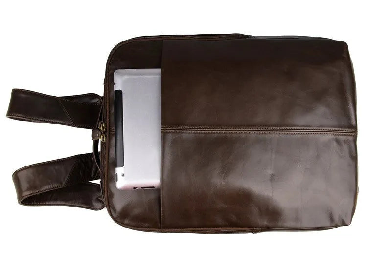Top layer leather computer backpack for 15 inch laptop, 29cm x 11.5cm x 38cm, in brown or grey