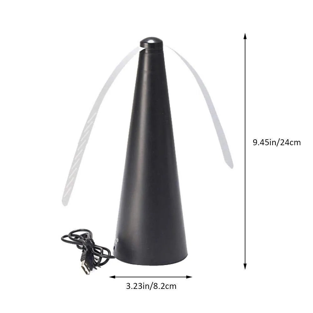 Fly repellent fan with ABS housing, 8.2x8.2x24cm, on a dining table