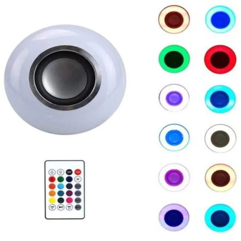 White E27 Bluetooth LED bulb with integrated speaker and remote control for 16-colour RGB lighting