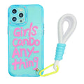 Graffiti hand-painted TPU iPhone case with lanyard in mint green, blue-haired girl, or green crocodile design