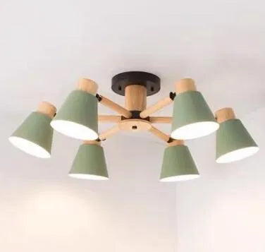 Nordic Macaron style ceiling pendant light with ironwood frame, shown in a two-tone colour option with multiple light heads.