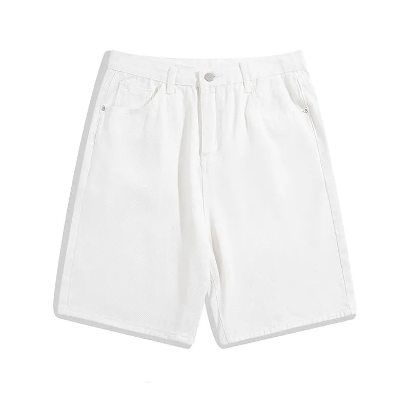 Men's straight-leg denim shorts in light blue colour showing five-point design and zipper fly opening