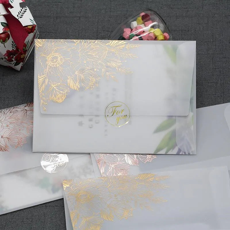 Sulfuric acid paper invitation cards with bronzing matte varnish in gold and rose gold colours