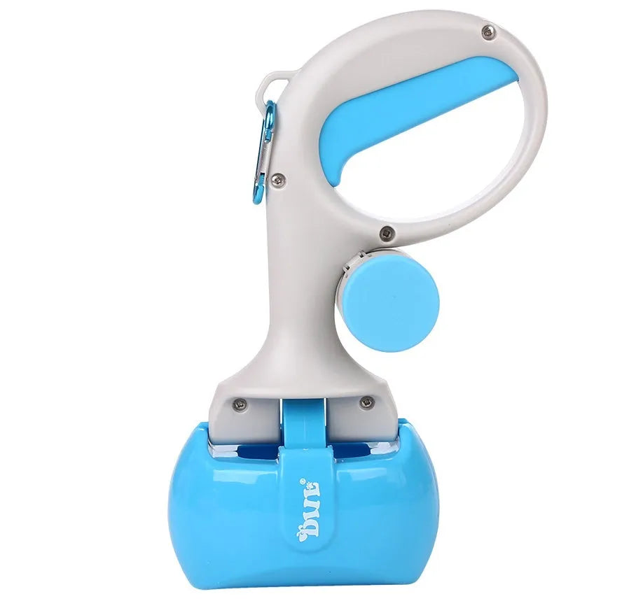 Yellow 2 in 1 portable pet toilet picker made from ABS plastic with curved hand grip and tooth-shaped notches on a white background
