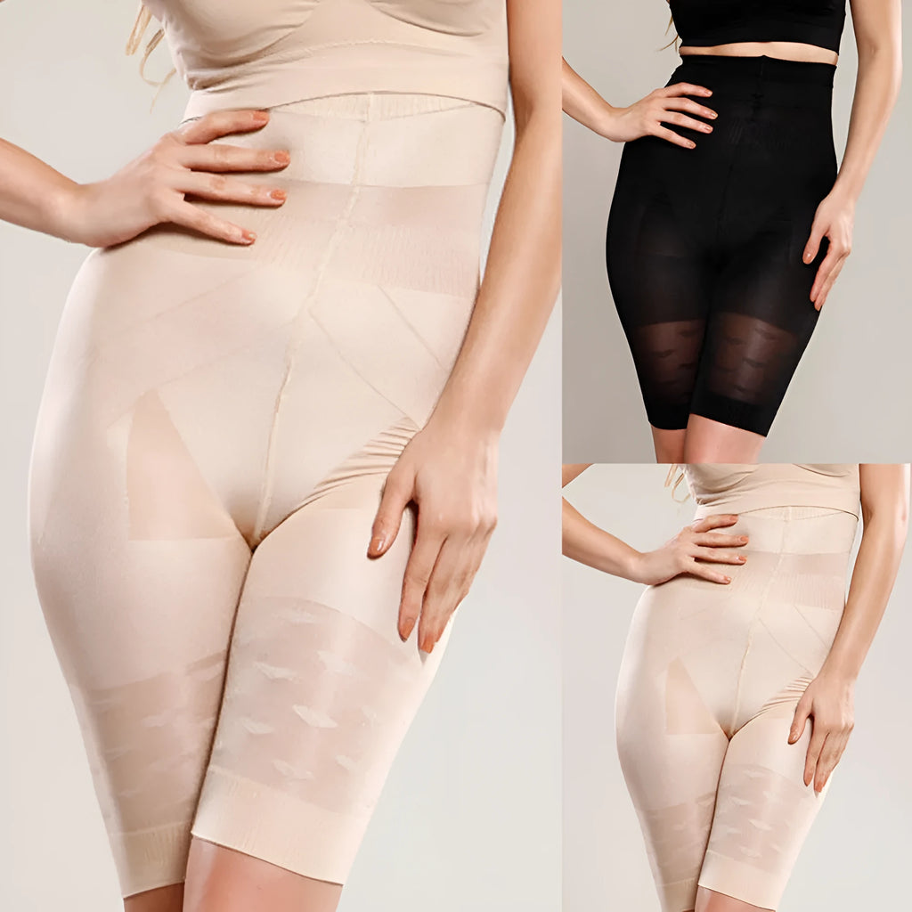 Black high-waisted seamless shapewear shorts for women laid flat on a neutral background.