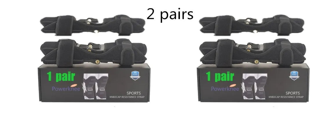 Black adjustable knee brace with patella support and visible booster spring mechanism for sports.