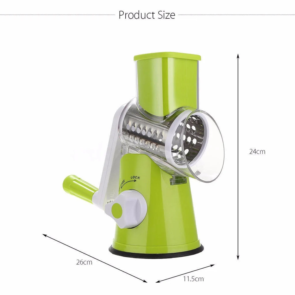 Round vegetable cutter with 3 stainless steel drum blades, compact detachable mandoline slicer with bottom sucker