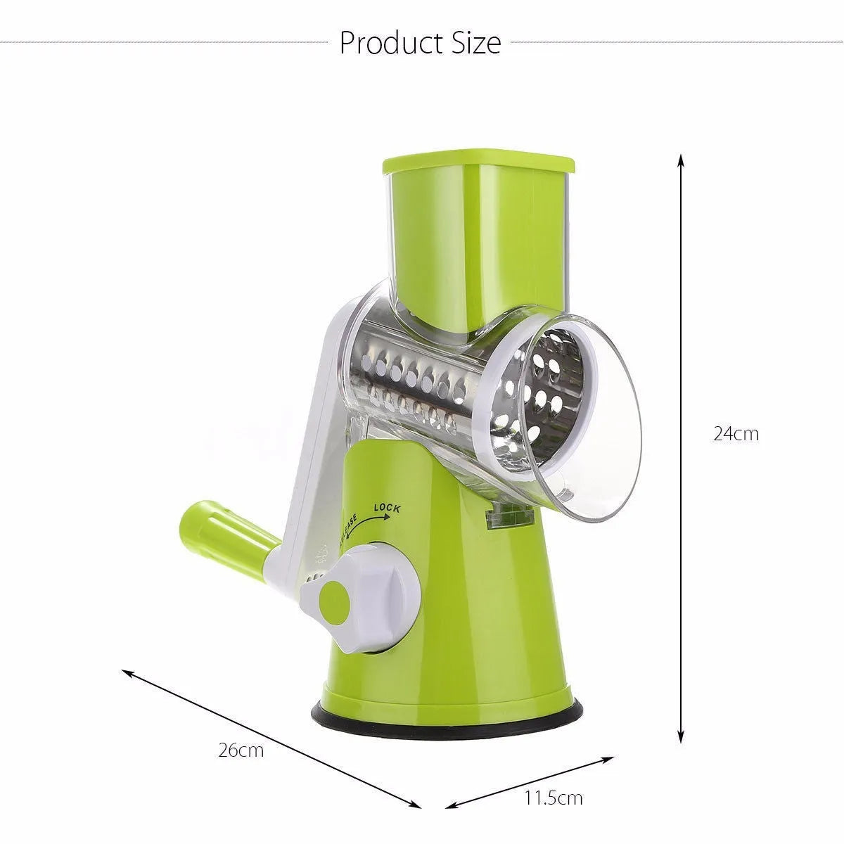 Round vegetable cutter with 3 stainless steel drum blades, compact detachable mandoline slicer with bottom sucker