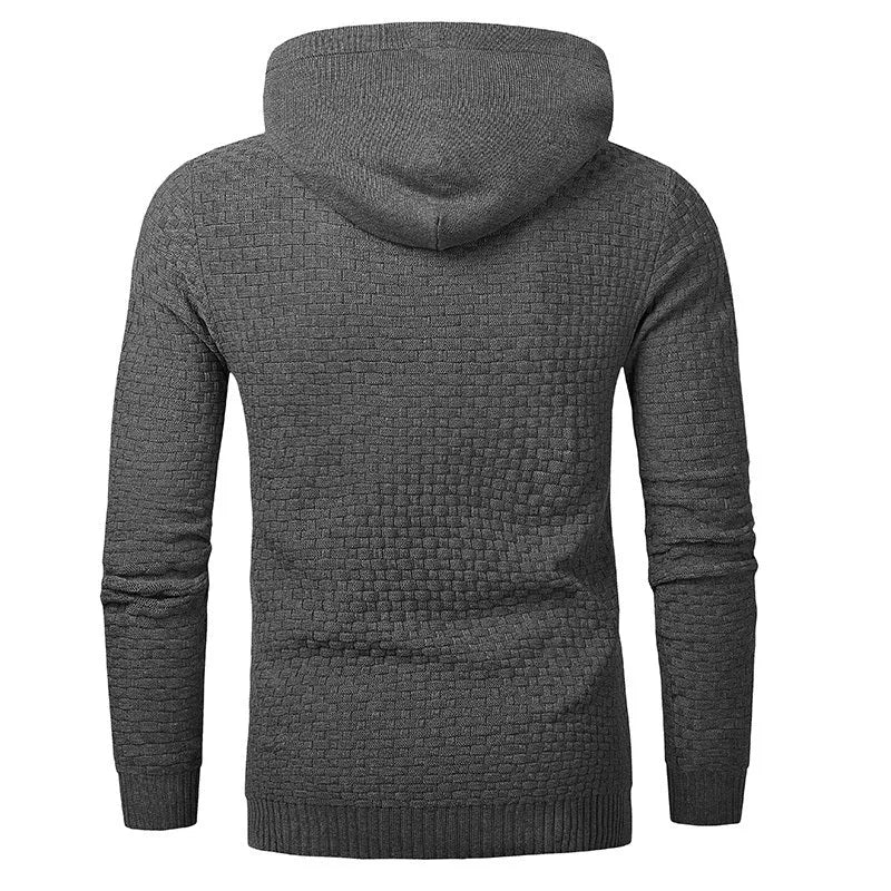 Men's black cotton-polyester hooded sweatshirt on a hanger, showing the front and hood.