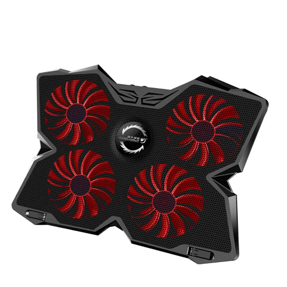Blue laptop cooling base with four LED fans and two USB ports on a desk.