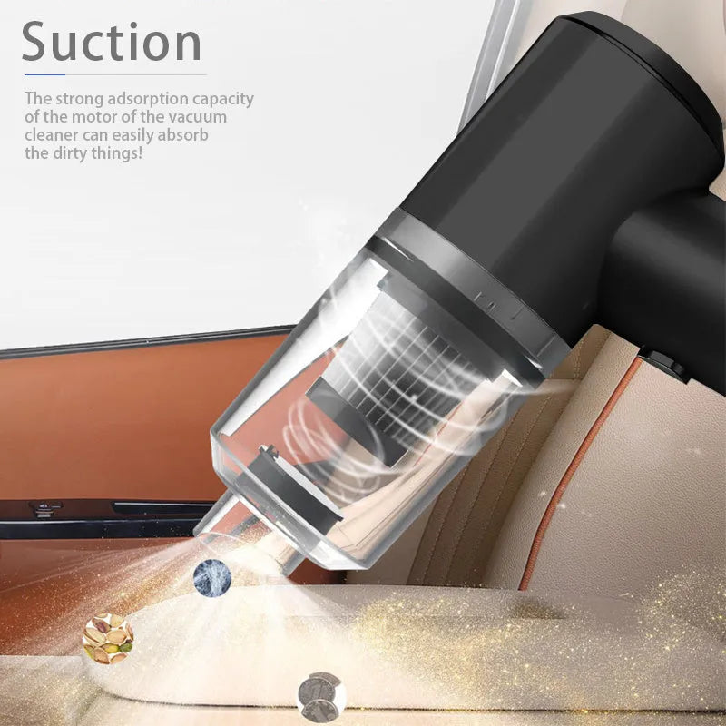 Handheld wireless car vacuum cleaner in black or white on a car seat.