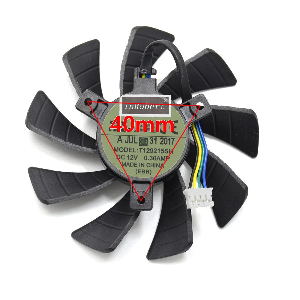 Black 85mm graphics card cooling fan with 4-pin connector and 40mm mounting holes, model T129215SU by inRobert