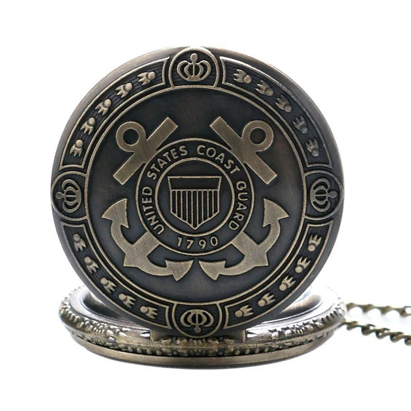 Bronze United States Coast Guard 1790 pocket watch with chain on light background