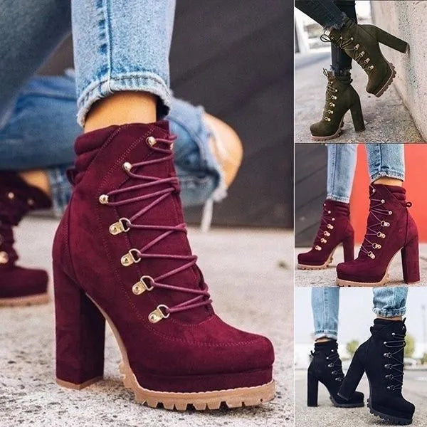 Women's suede high heel boots in army green with thick heel and round toe.