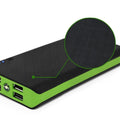 4U 20000mAh power bank in blue, showing size next to a smartphone for scale.