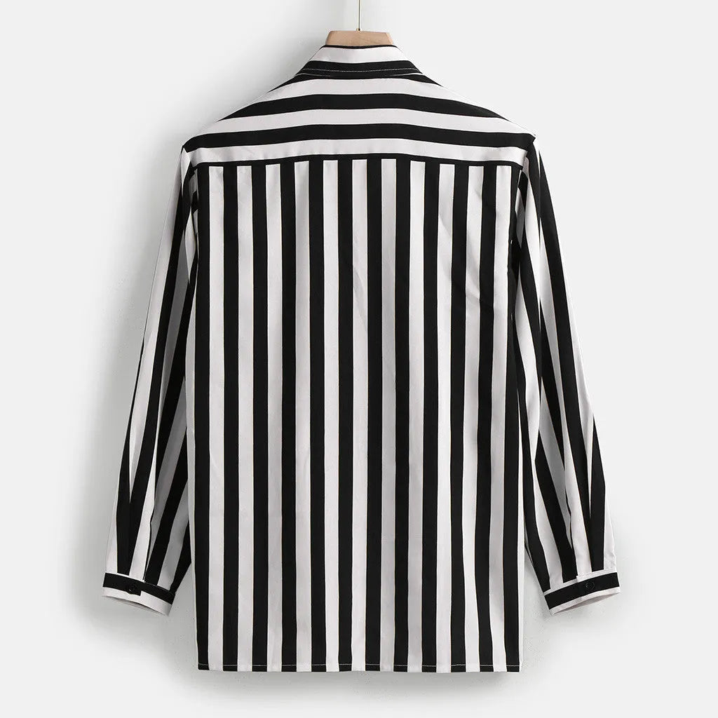 Men's long sleeve striped shirt in blue, made from hemp blend polyester with four-way stretch fabric