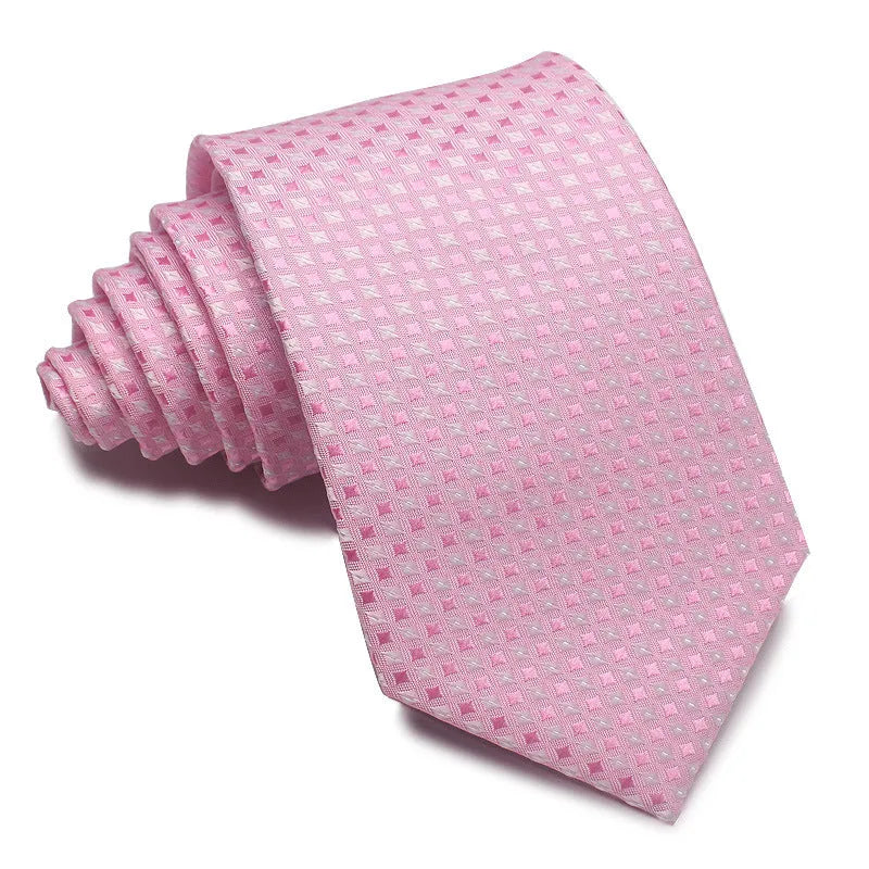 Men's striped jacquard business tie in red, showing arrow head shape and 8cm width.