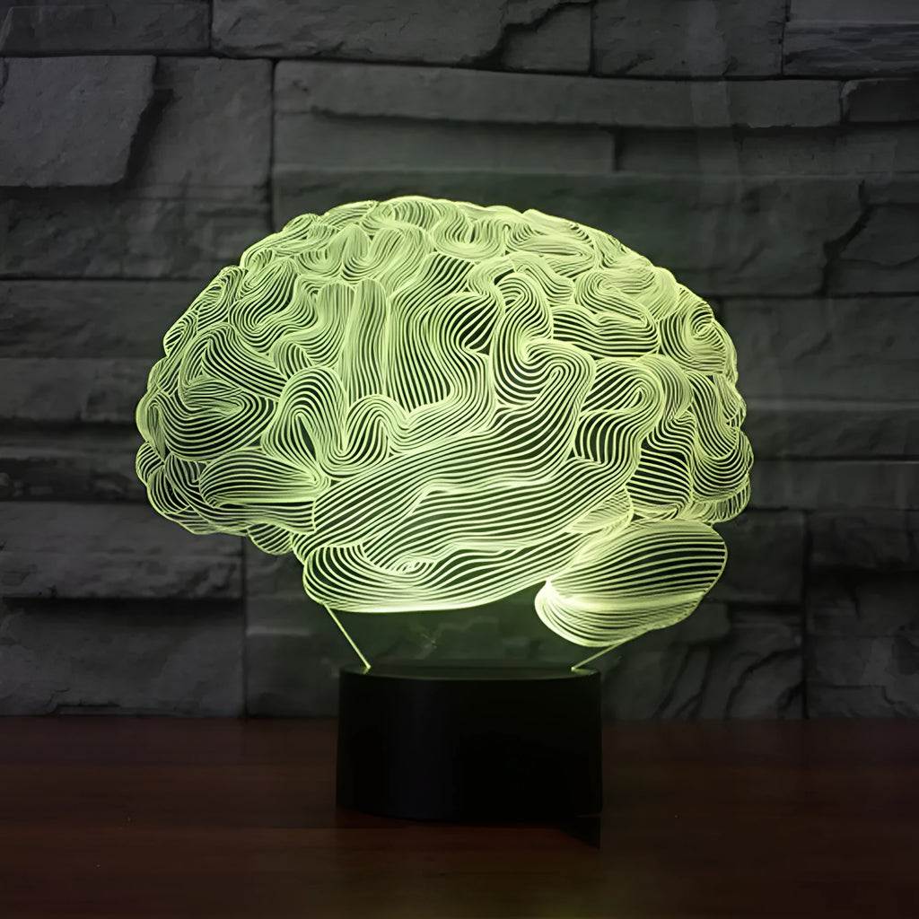 3D brain illusion LED desk lamp with remote control showing colourful acrylic lighting projection