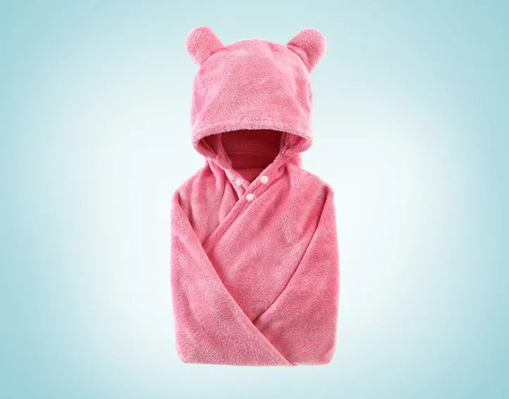 Soft cotton baby care hooded bath towel 65x110cm in pink with hood and border detail