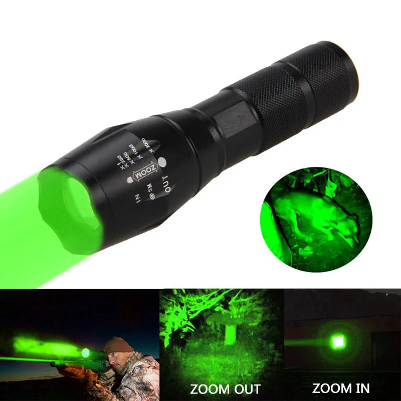 Black aluminium alloy zoomable focus LED torch with antiskid grip on a textured surface.