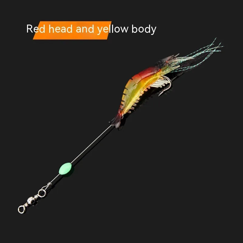 Luer soft fishing lure with integrated hook showing colour variations including black head yellow body and luminous options