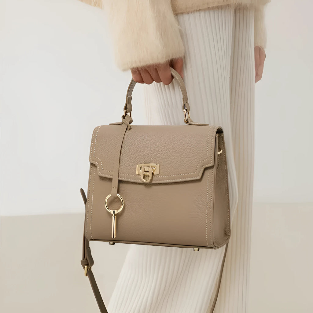 Elephant grey genuine leather crossbody handbag with litchi pattern texture and vintage lock hardware