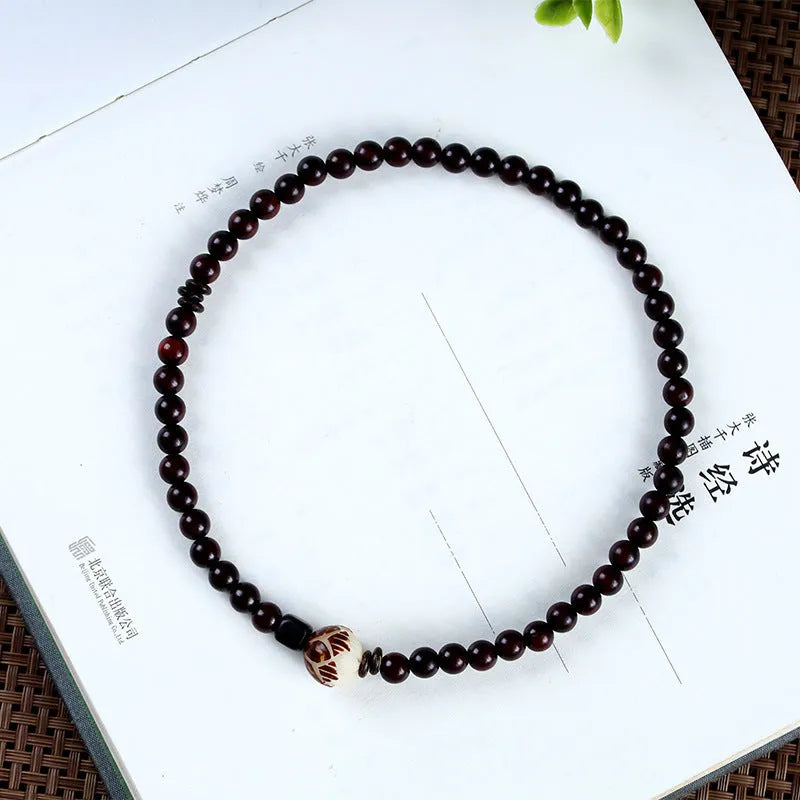 Natural rosewood retro bracelet with flower beads in knitted construction, showing both double circle and single circle colour options