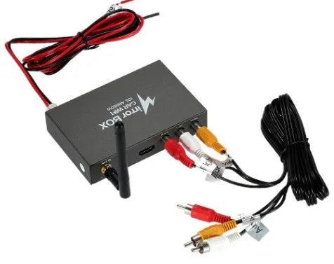 Black car Wi-Fi mirror link box converter unit with power cable, AV cable, antenna, and user manual