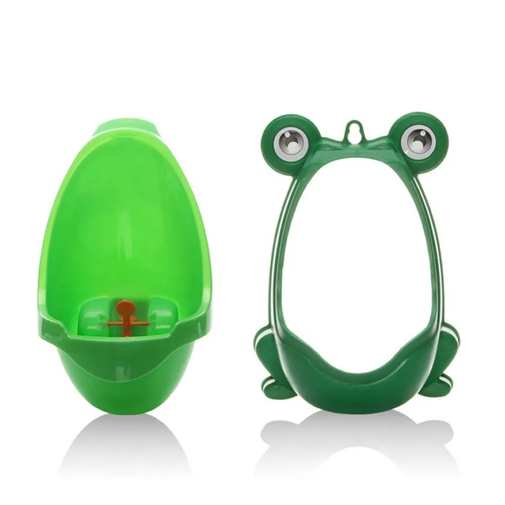 Ergonomic frog-shaped children baby potty toilet with rotating windmill in yellow and green, adjustable sucker, and large capacity