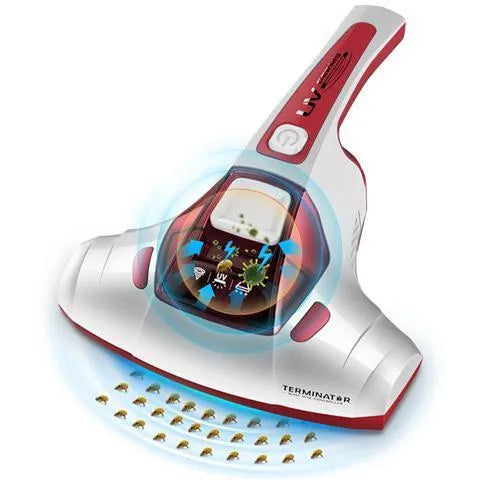 Pink handheld vacuum cleaner for mite removal with dust collection chamber and power cord