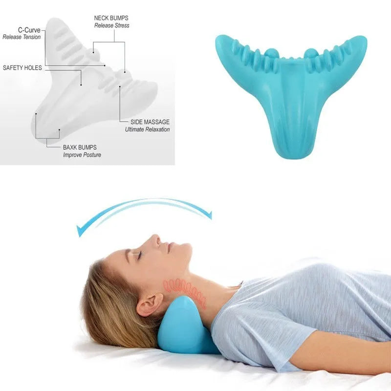 Blue Shiatsu C-rest neck pillow in memory foam, fish tail shape, 21 x 24 x 13 cm, for adult neck support