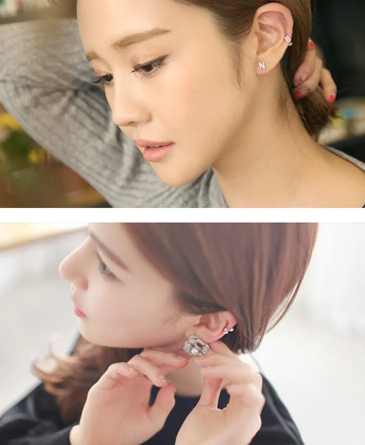 Korean alphabet stud earring with zircon stone, copper body, and 925 sterling silver ear post, single earring