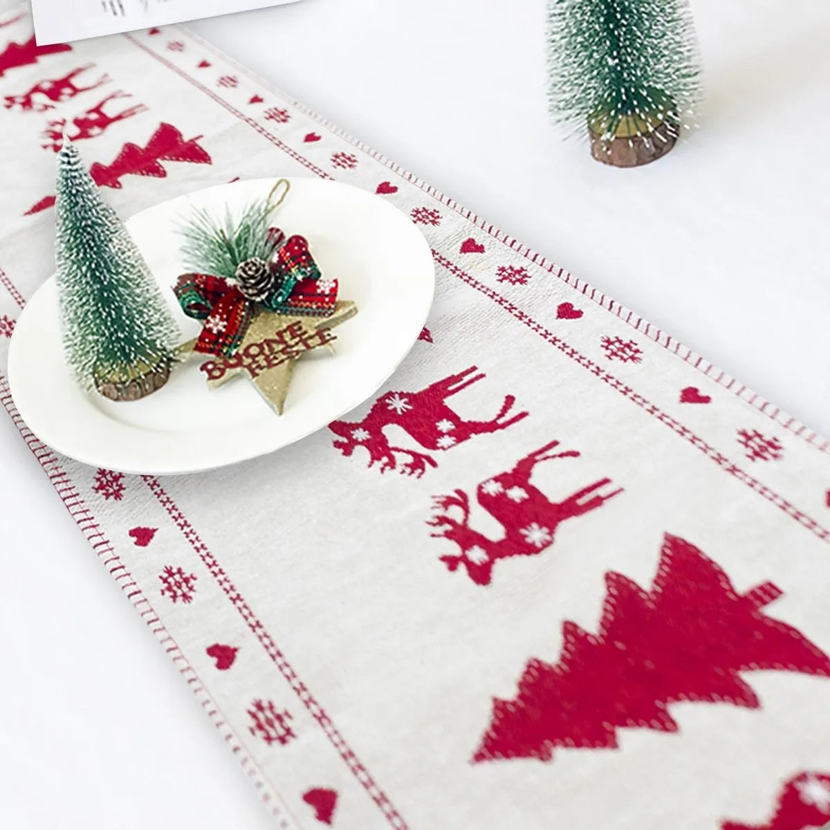Christmas table runner with elk and snowman design on cotton linen fabric