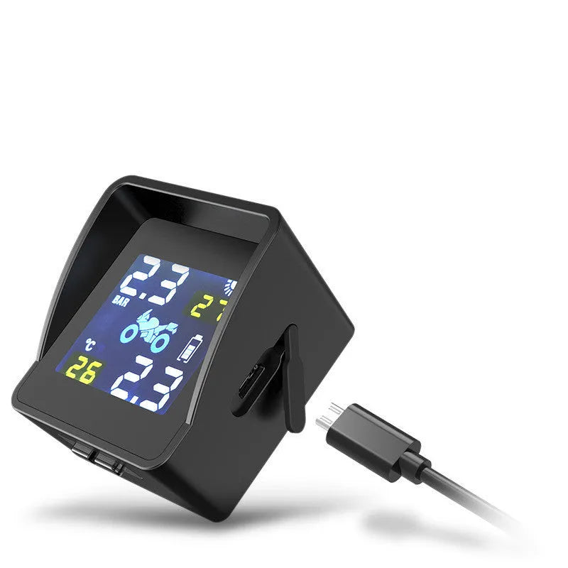 Black solar motorcycle tire pressure monitor with digital display and PC casing, 0.1-6.0BA range