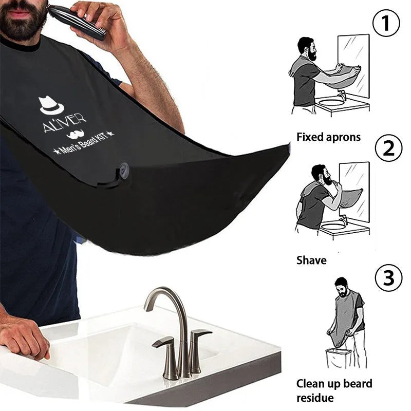 7-piece black beard grooming set with wood brush, metal comb, scissors, apron and cleaning brush on a surface