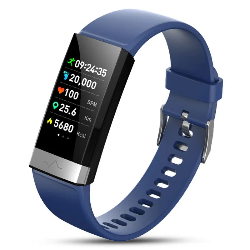 V19 smart fitness bracelet with coloured TPU strap on a wrist, showing its display and ECG sensor.
