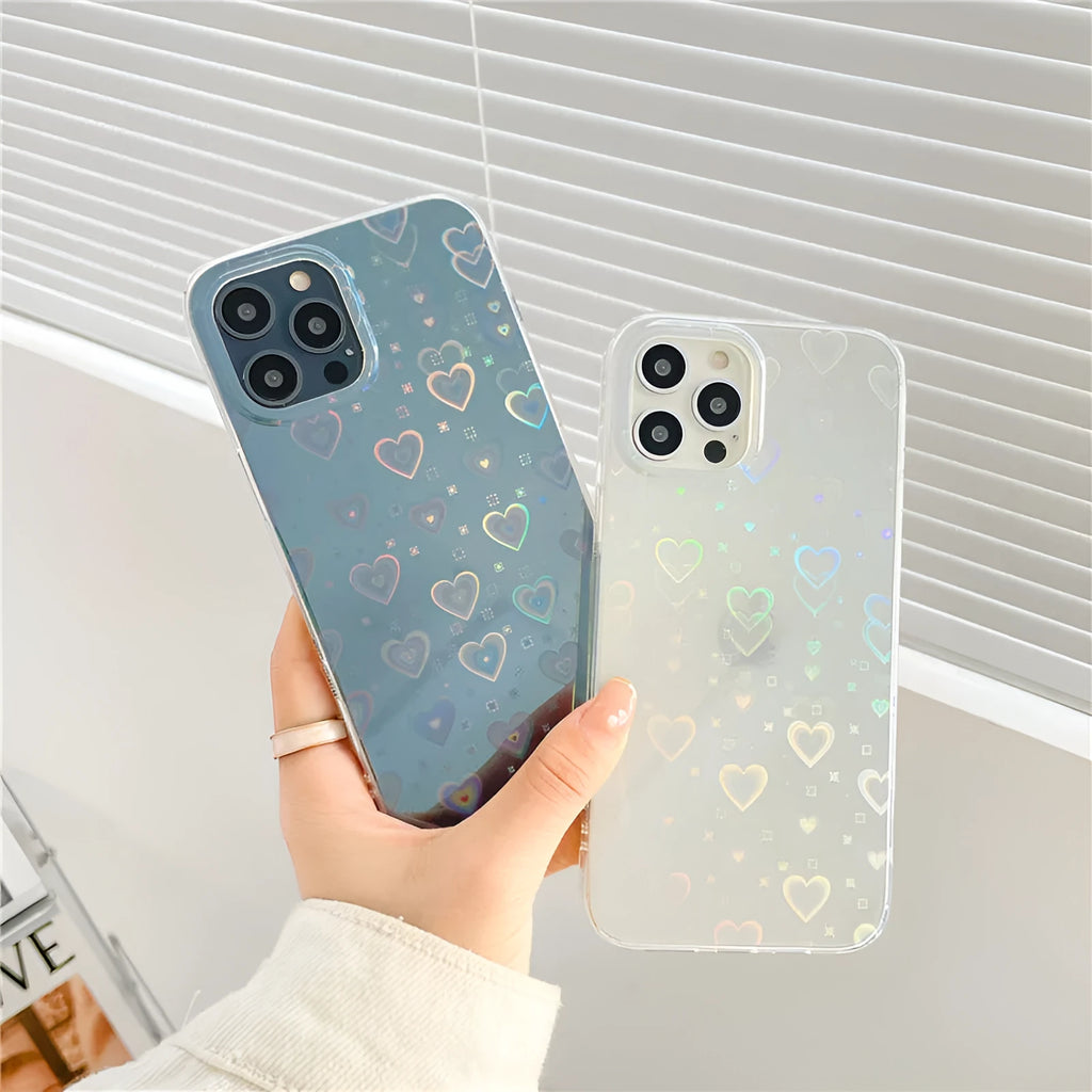 Transparent silicone iPhone case with laser-engraved colourful love motifs and butterfly decoration options