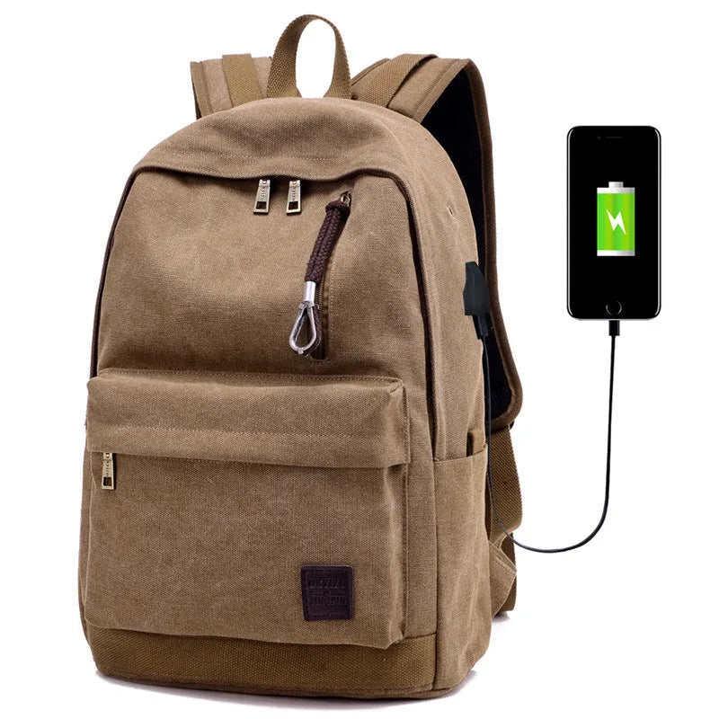 Canvas USB charging backpack with computer pocket showing coffee colour option