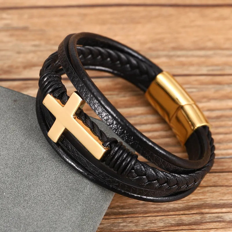 Multi-layer braided stainless steel cross men's unisex bracelet in gold colour with electroplated finish