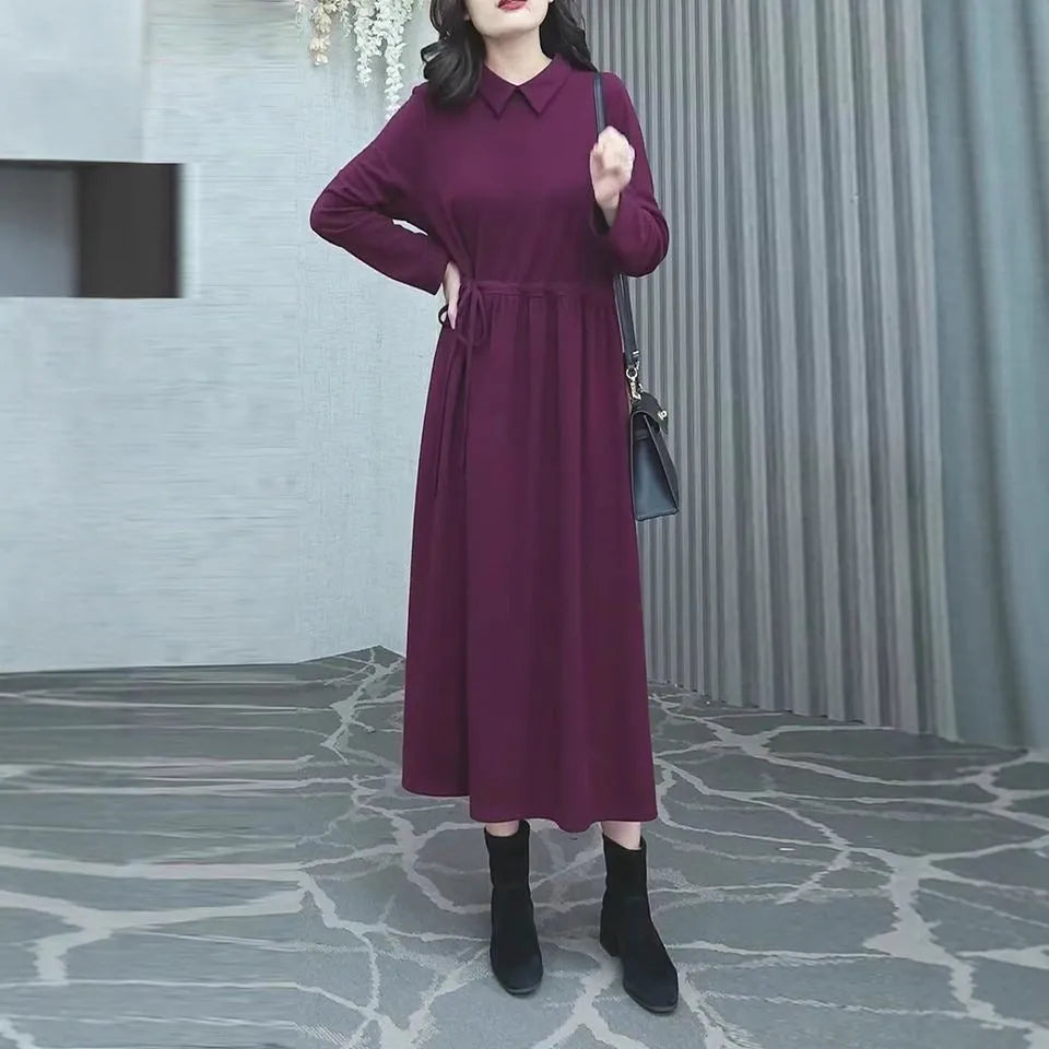 Purplish red long-sleeve maxi dress on a model, showing full-length 130-140cm skirt and urban style tailoring.